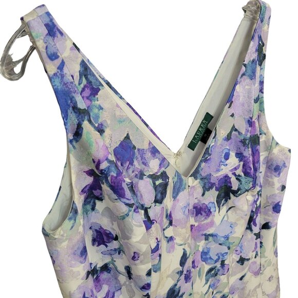 LRL Ralph Lauren Size 10 Dress Floral Fit Flare Pleated Full Skirt Purple Blue - Picture 10 of 11